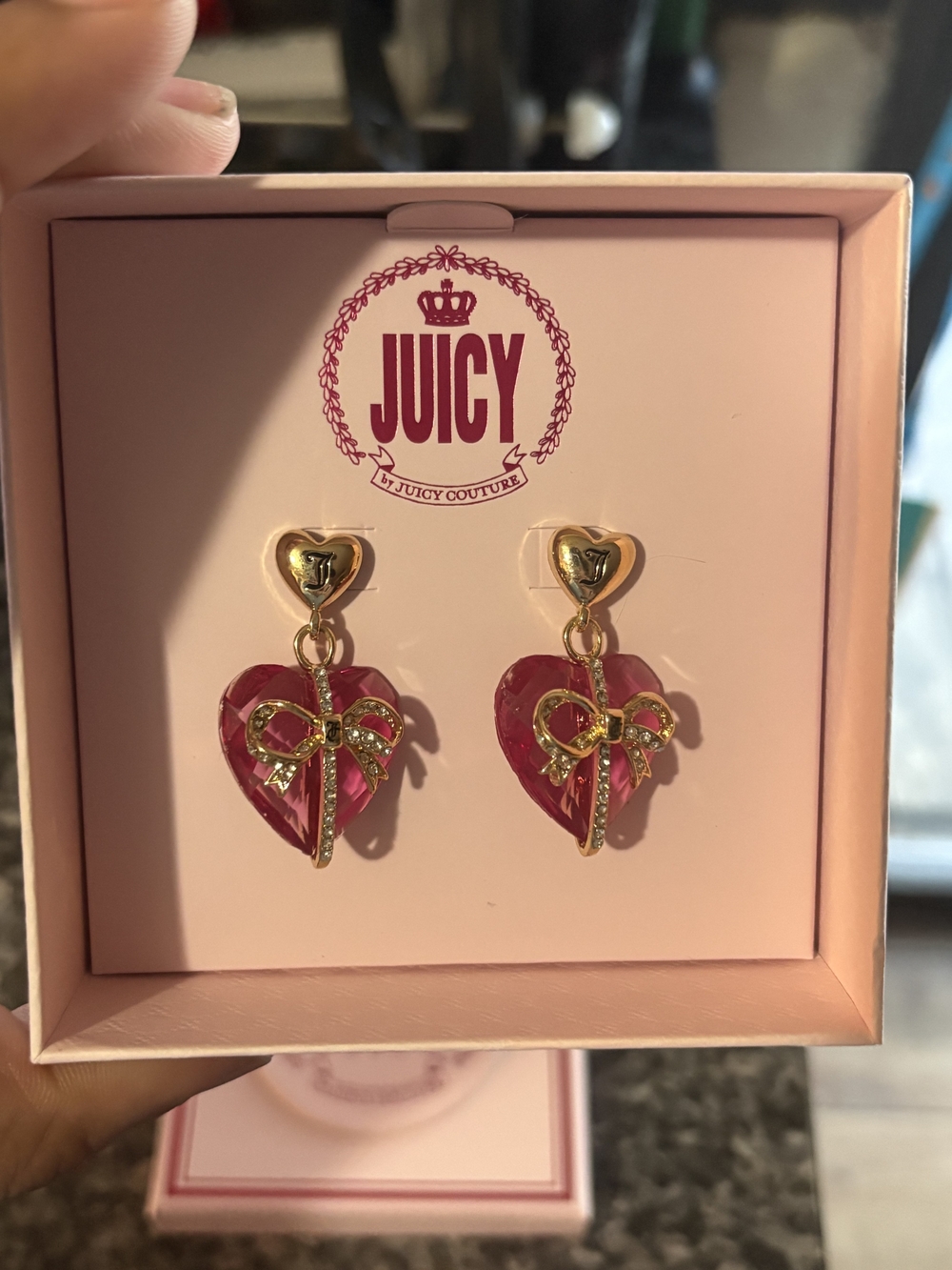 Juicy Couture Gold Bow Pink Heart Drop Earrings